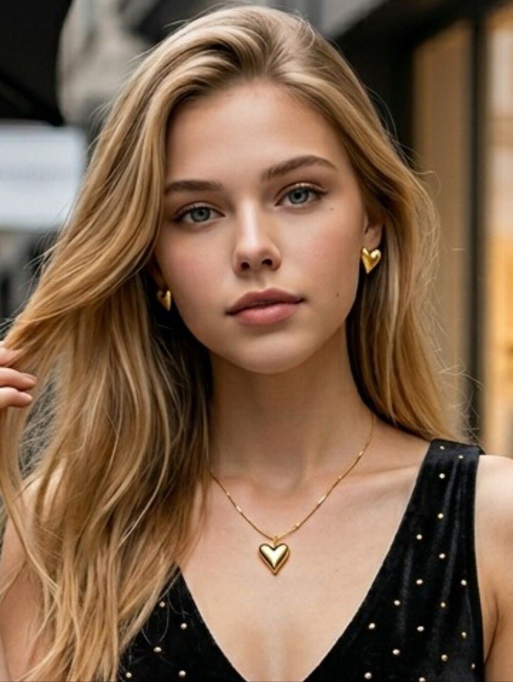 Gold Puffed Heart Necklace & Earrings Set – 18K Gold Plated Stainless Steel Gift